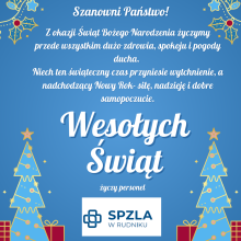 kartka świąteczna z życzeniami wraz z ilustracją świąteczną, choinki na niebieskim tle.