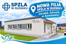 Grafika budynku Ośordka Zdrowia w Kornowacu, szary budynek parterowy