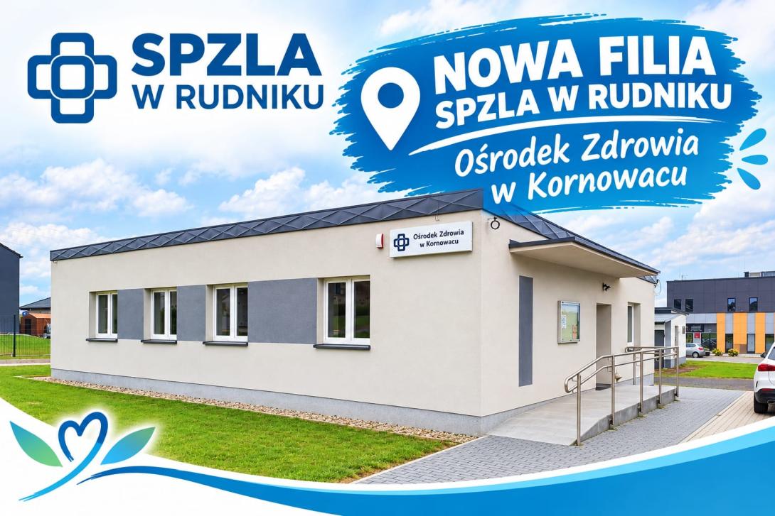 Grafika budynku Ośordka Zdrowia w Kornowacu, szary budynek parterowy